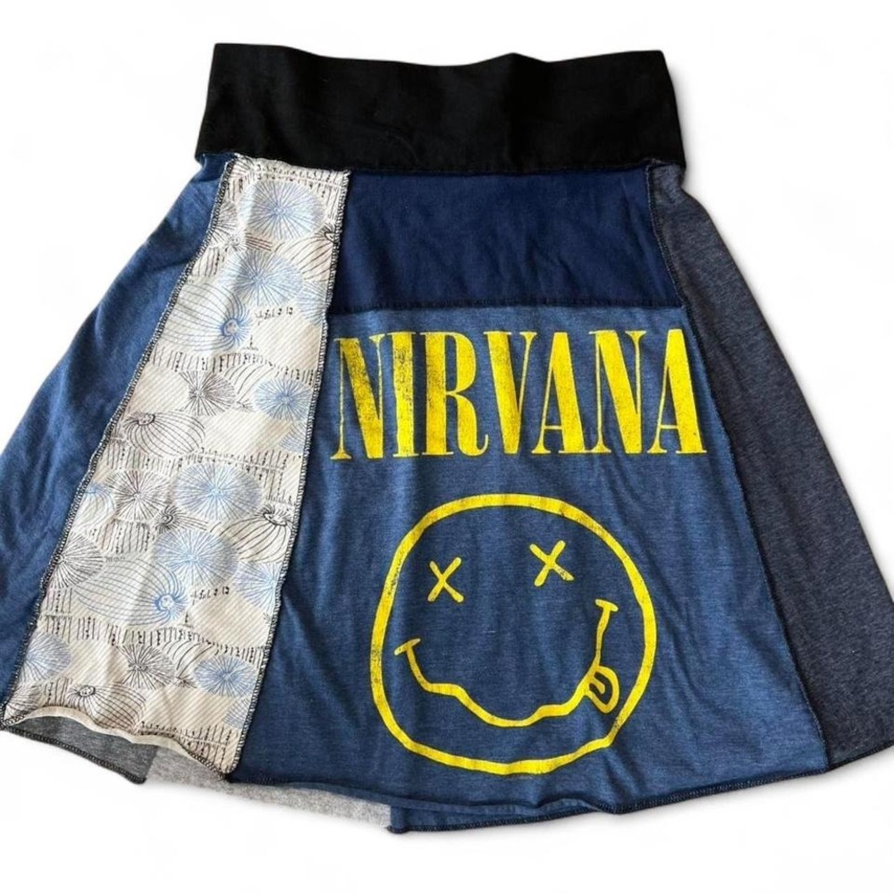Nirvana Grunge Skater Skirt Upcycled Band Tee Patchwork